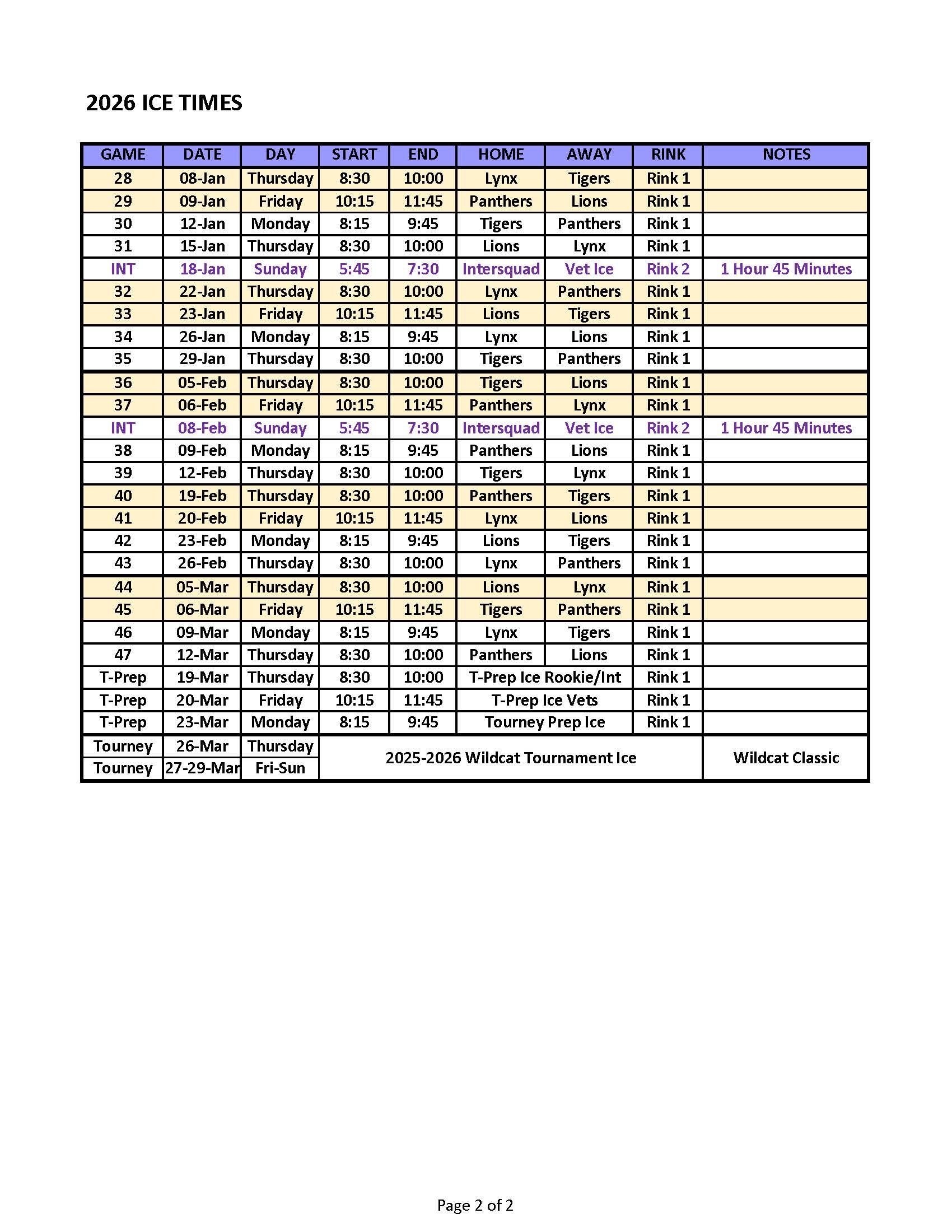 CRWHL Schedule January to March 2026