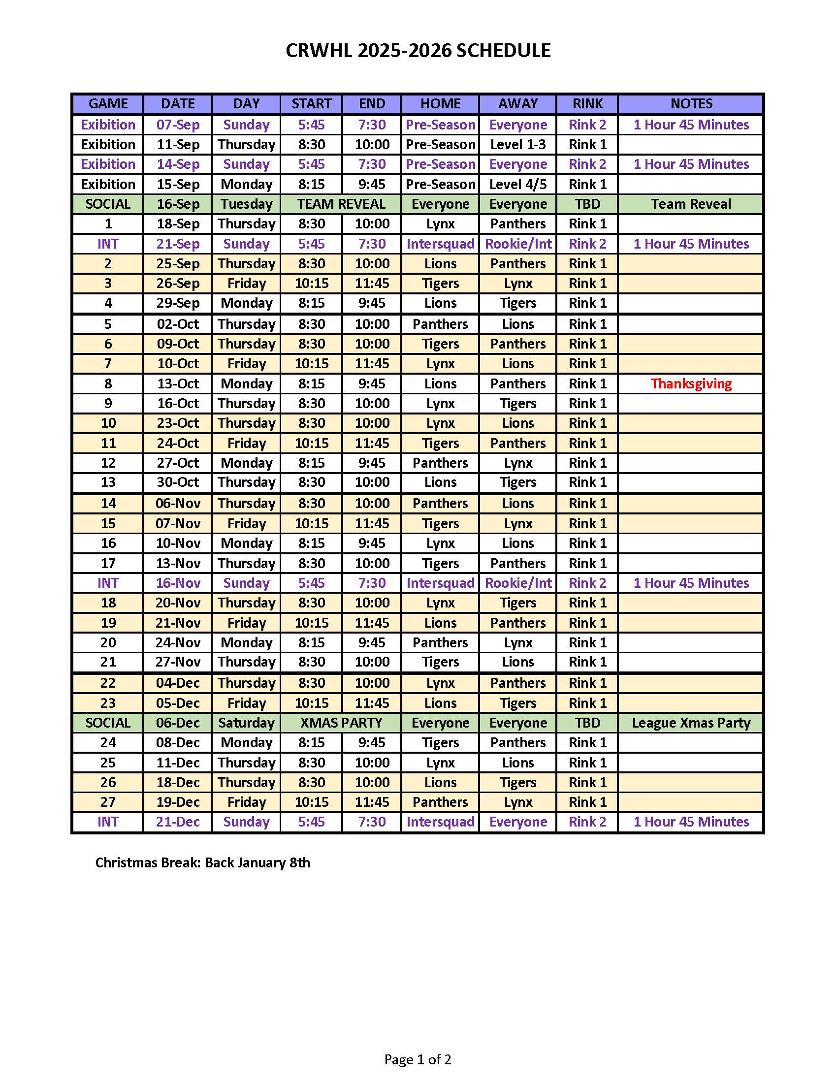 CRWHL Schedule September to December 2025