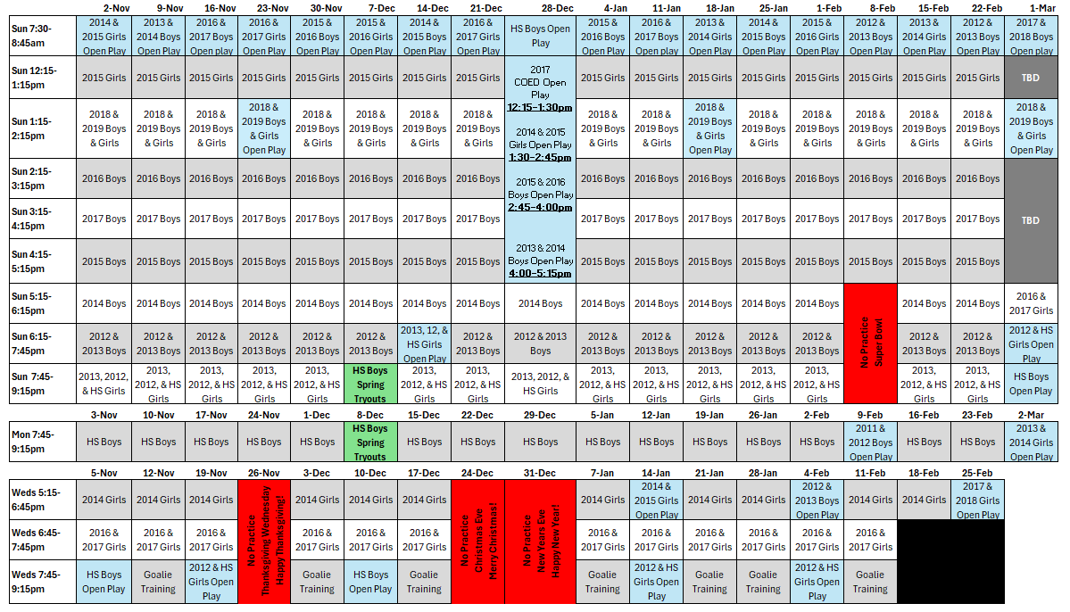 MUFC WINTER TRAINING SCHEDULE
