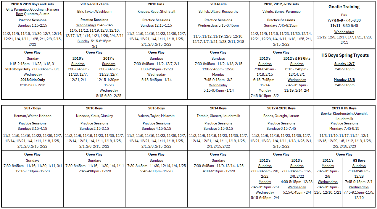MUFC WINTER TRAINING BY AGE GROUP