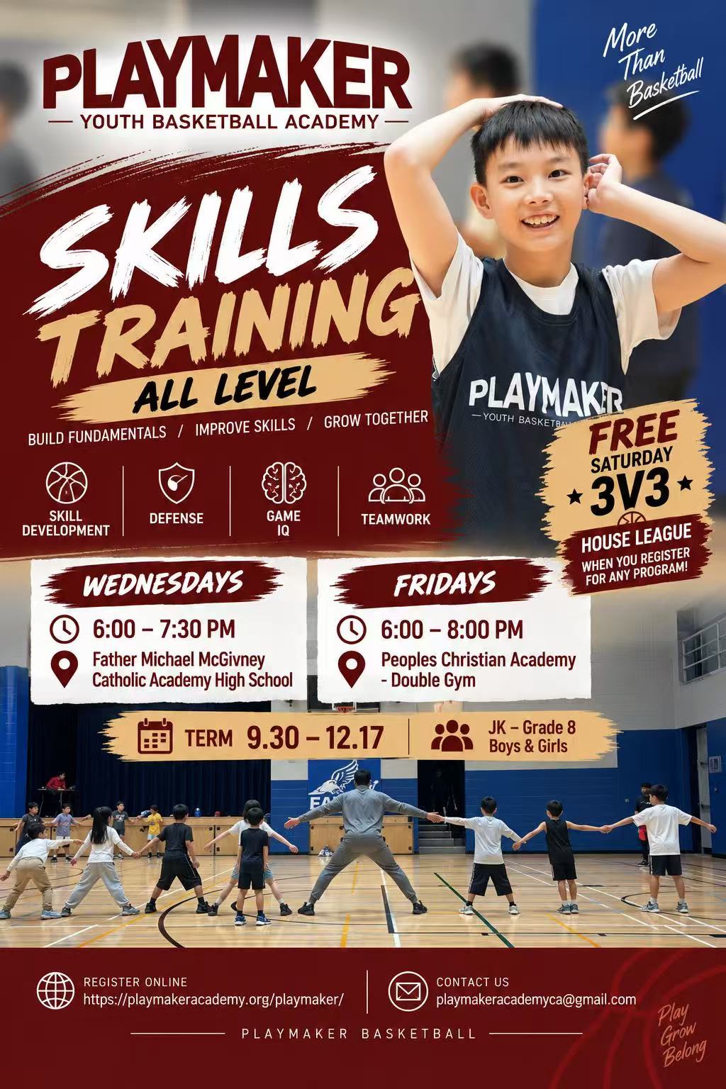 Playmaker Basketball Skills Training — All Levels JK–Grade 8 | Wednesdays & Fridays Build fundamentals, improve skills, game IQ and confidence.