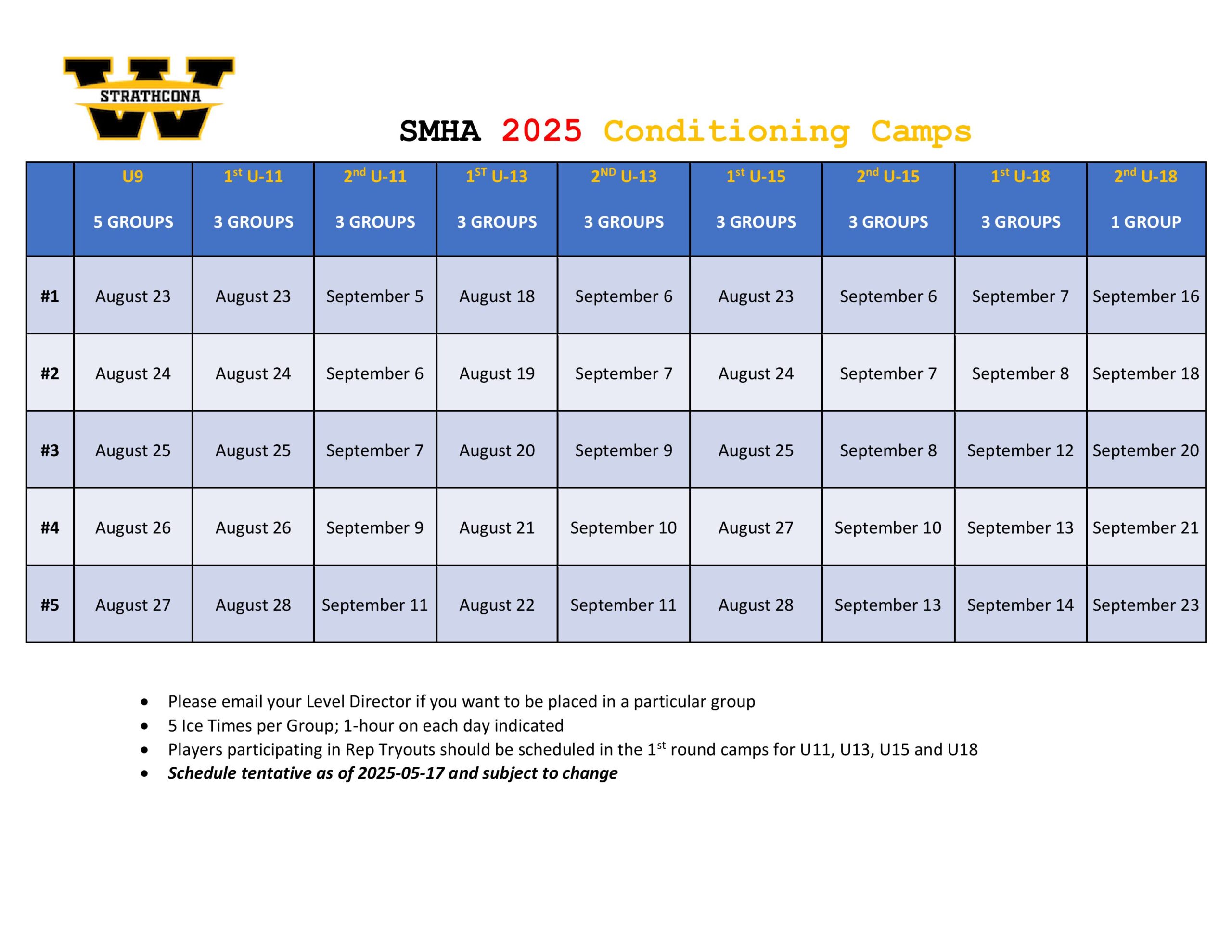 SMHA 2025 Conditioning Camps Schedule