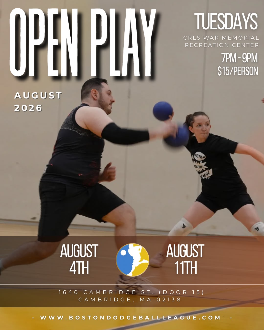 advertisement showing $15 open gym dates of 8/4 and 8/11 from 7-9PM 