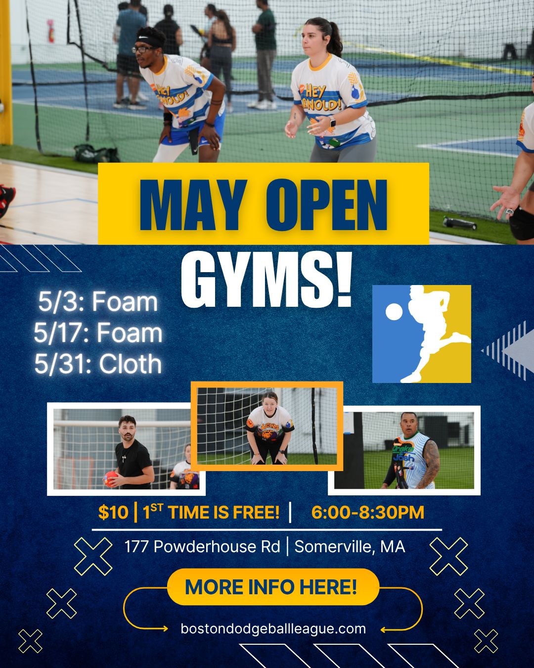 open gym advertisement showing dates and locations for April: No open gym April 5, Brandeis April 12, Somerville April 19, and Somerville April 26