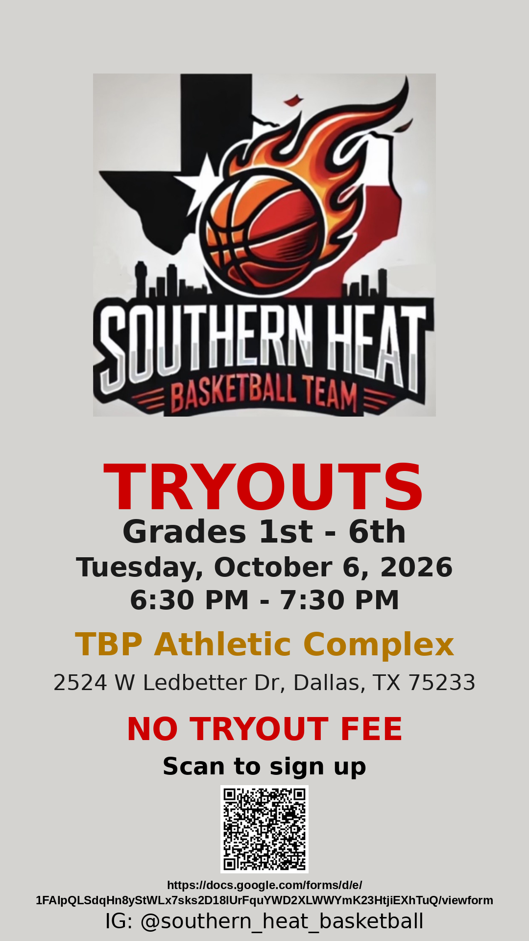 Southern Heat Basketball Tryouts flyer — Tuesday, October 6, 2026