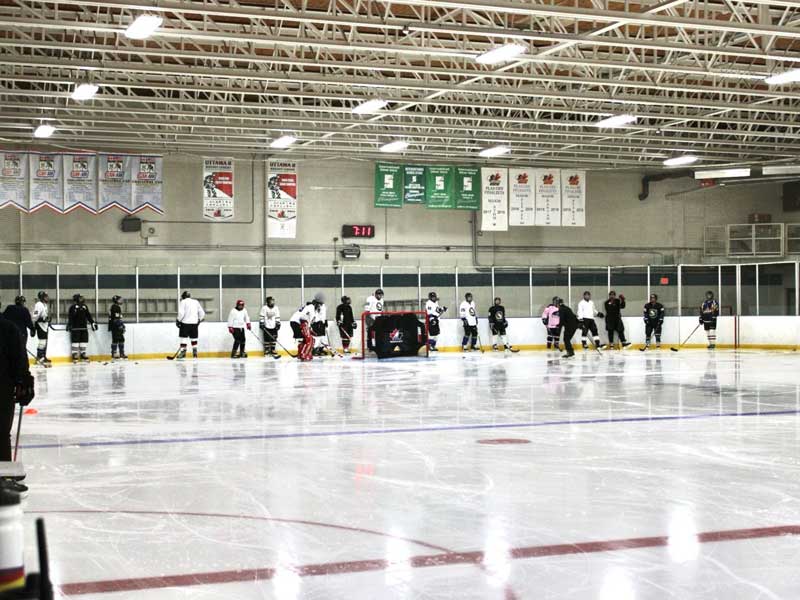 Players lined up for hockey drill
