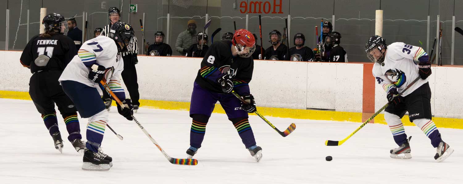 Group of hockey players battling for the puck
