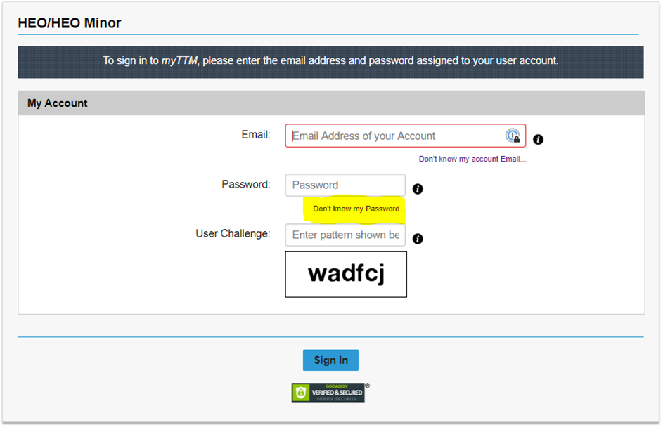 TTM Login Page Screenshot