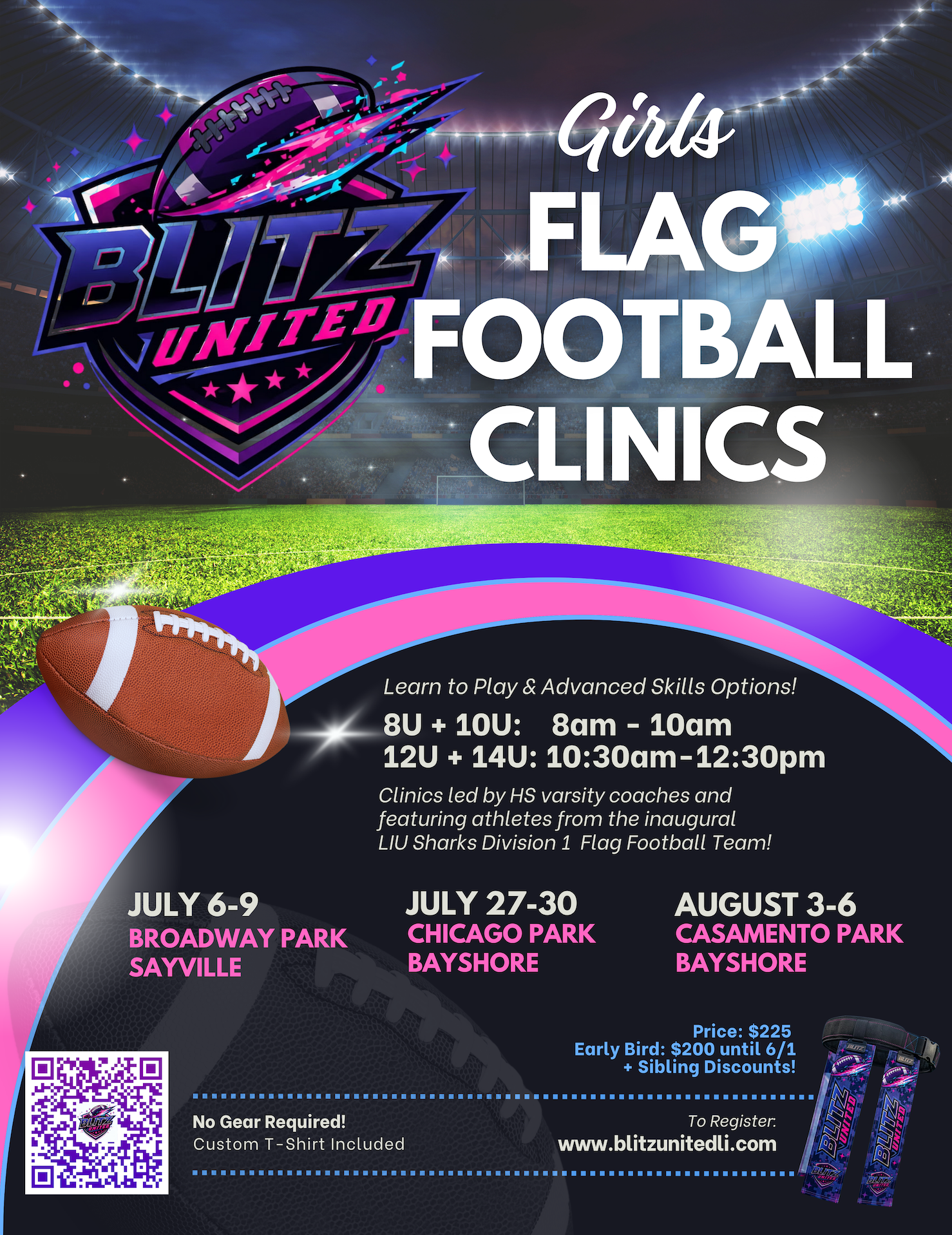 Blitz United Long Island Girls Flag Football Summer Clinic Flyer 2026