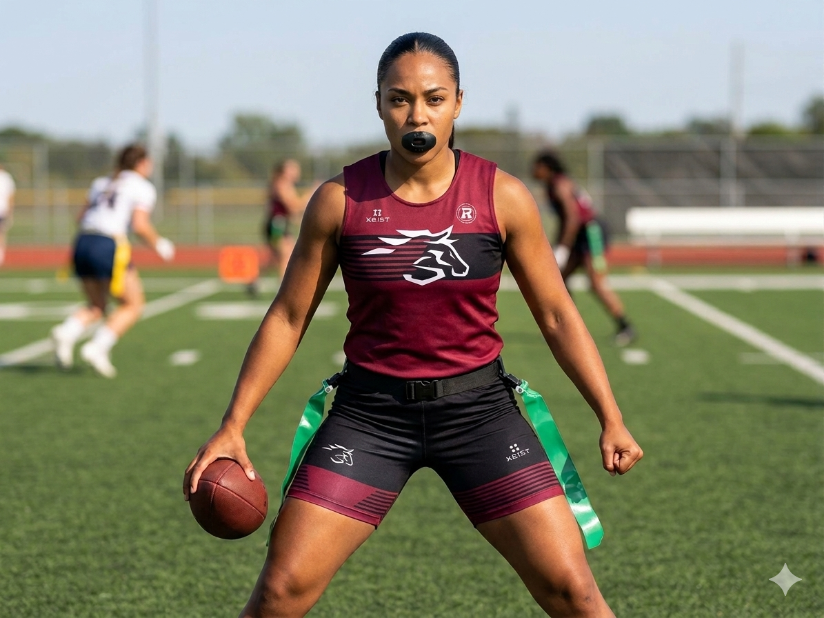 Gemini generated image of a properly dressed female flag football player.