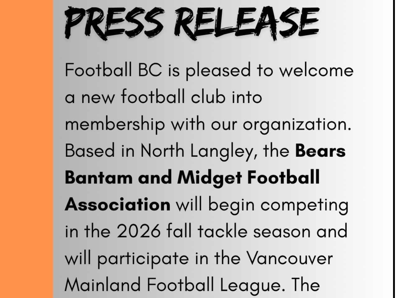 Football BC Welcomes the Bears Bantam and Midget Football Association as its 30th Minor Club